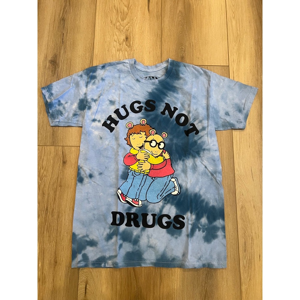 Arthur 'Hugs Not Drugs' T-Shirt Men's Medium Blue Tie Dye Marc Brown Tee Vintage